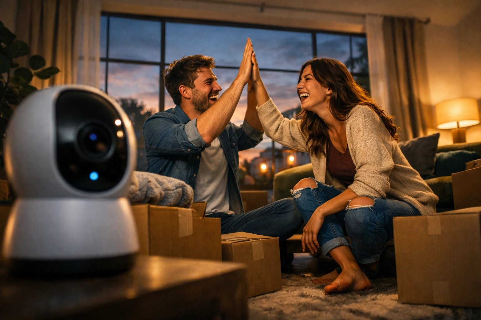 Happy couple in a new home with an indoor security camera installed for home safety and protection.