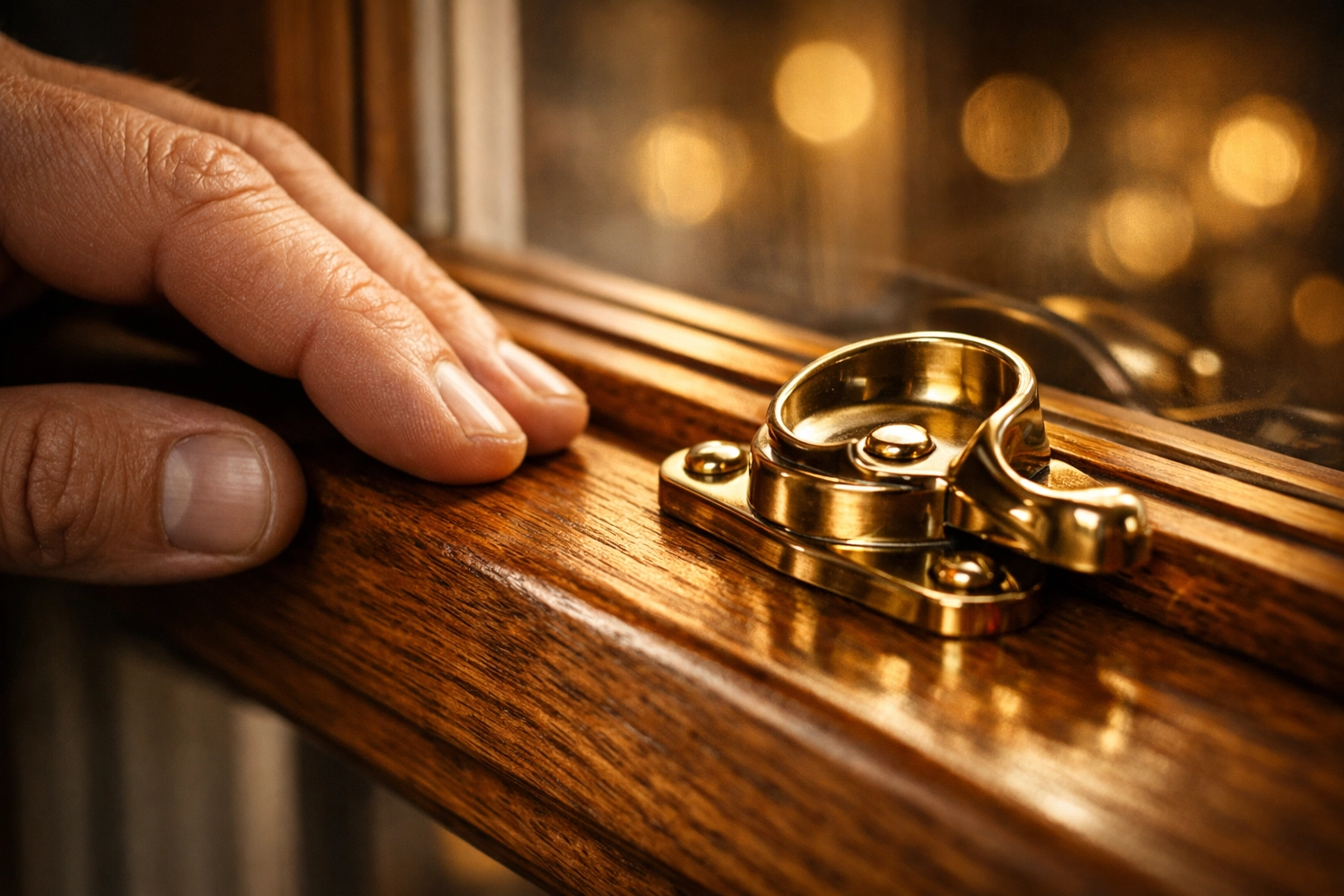 Close-up of a bespoke timber sash window with traditional brass hardware in Chichester.