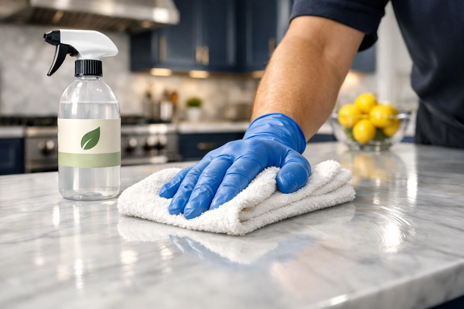Professional eco-friendly recurring house cleaning on a marble countertop in a Westborough home.