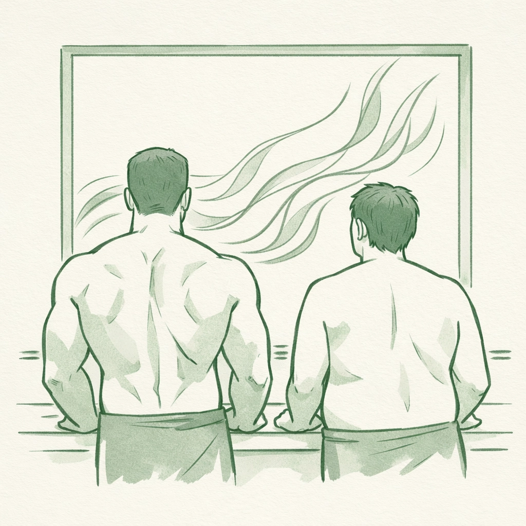 Two gay men with diverse body types facing mirror reflecting freedom and self-acceptance
