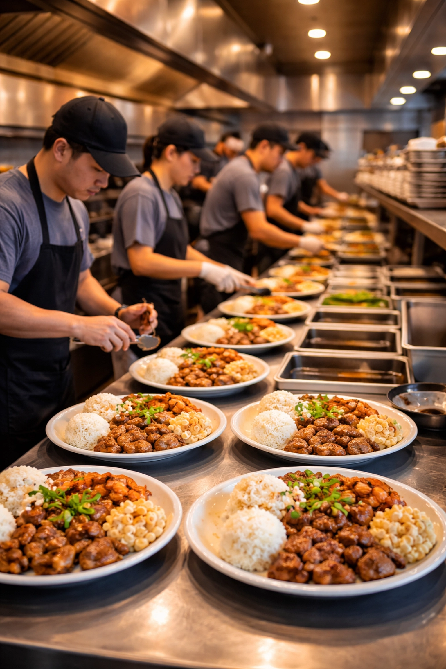 Team efficiently preparing Hawaiian plate lunches in a fast-casual kitchen for restaurant consulting and menu development.
