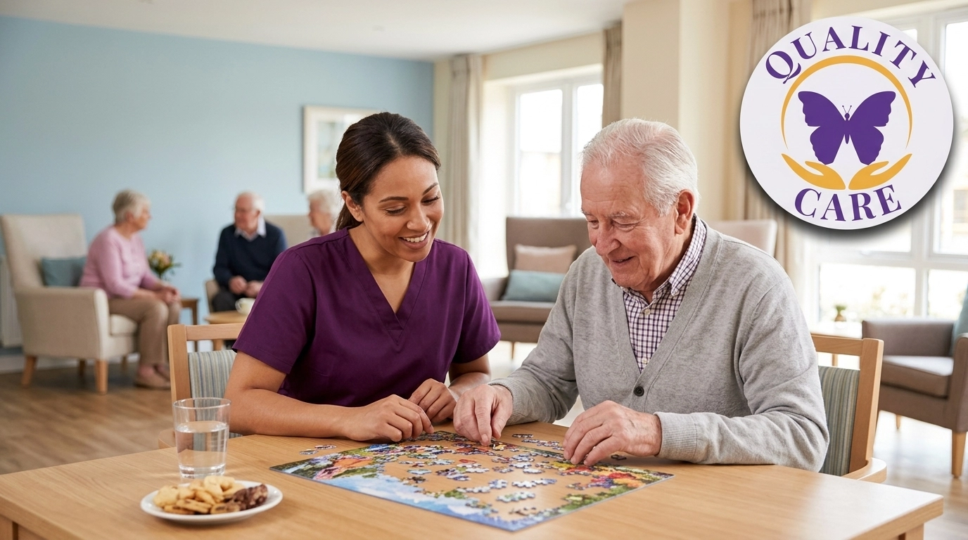 Caregiver and resident doing a puzzle together