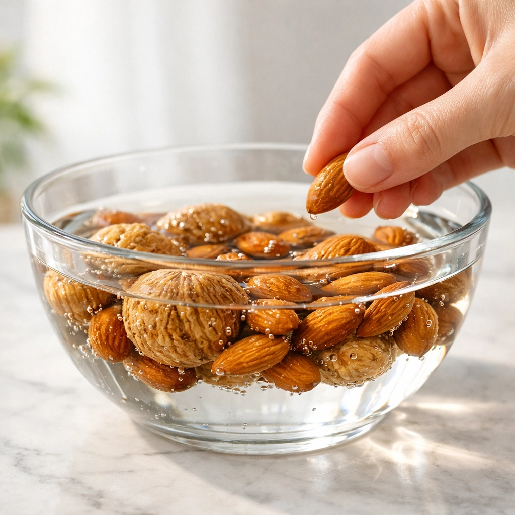 Soaking dried figs and almonds in a glass bowl to create a hydrating and cooling summer superfood snack.