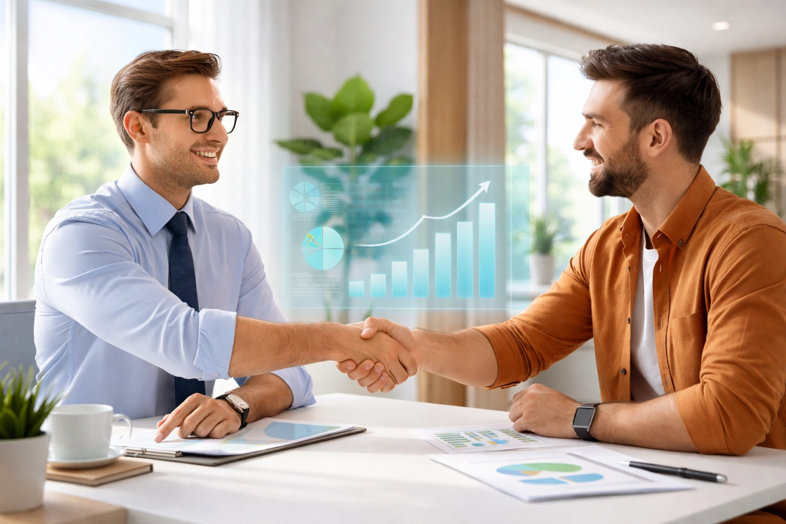 Small business accountant and client shaking hands while reviewing financial growth charts