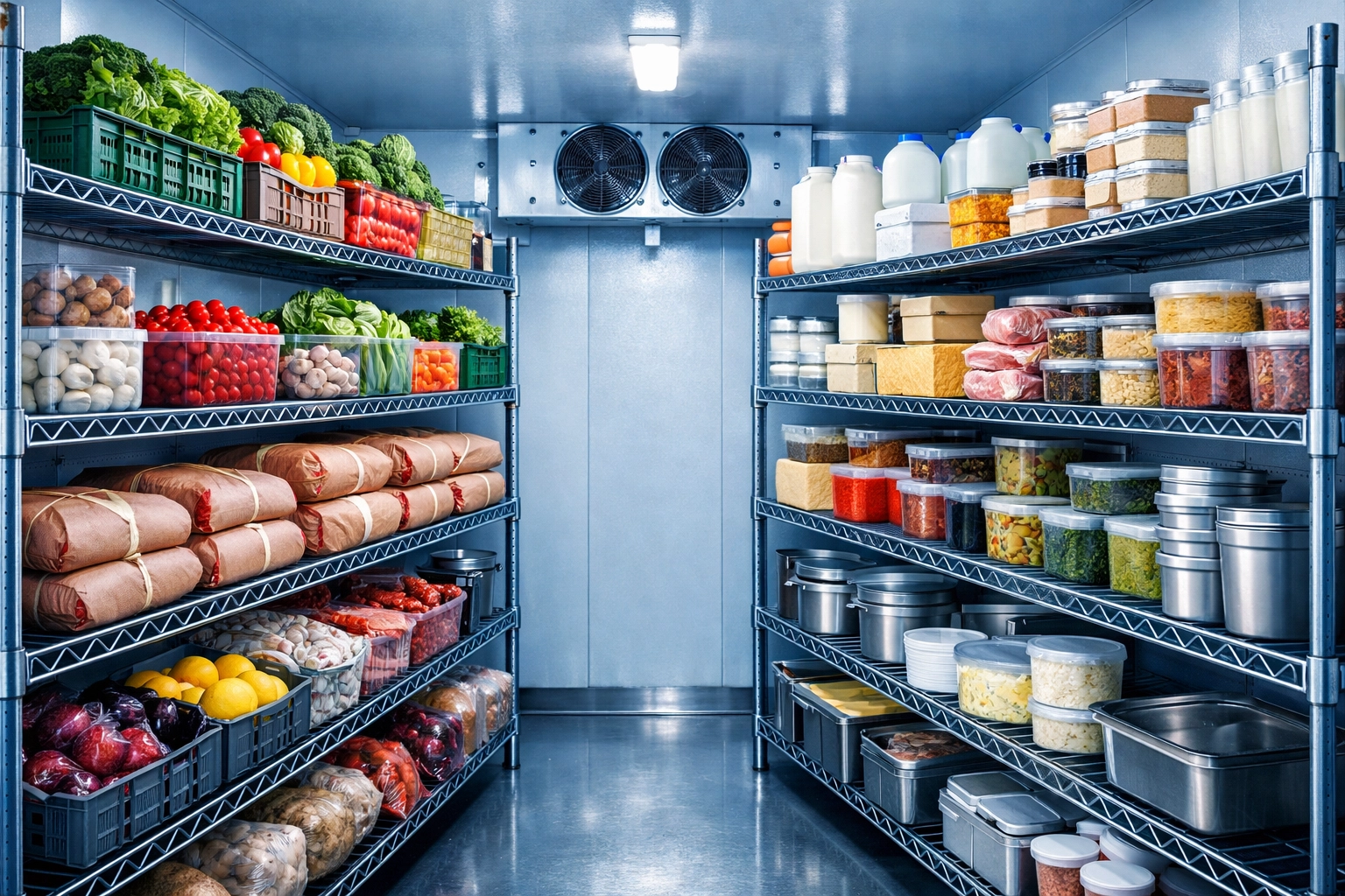 Restaurant walk-in refrigerator stocked with perishable inventory protected by food spoilage coverage