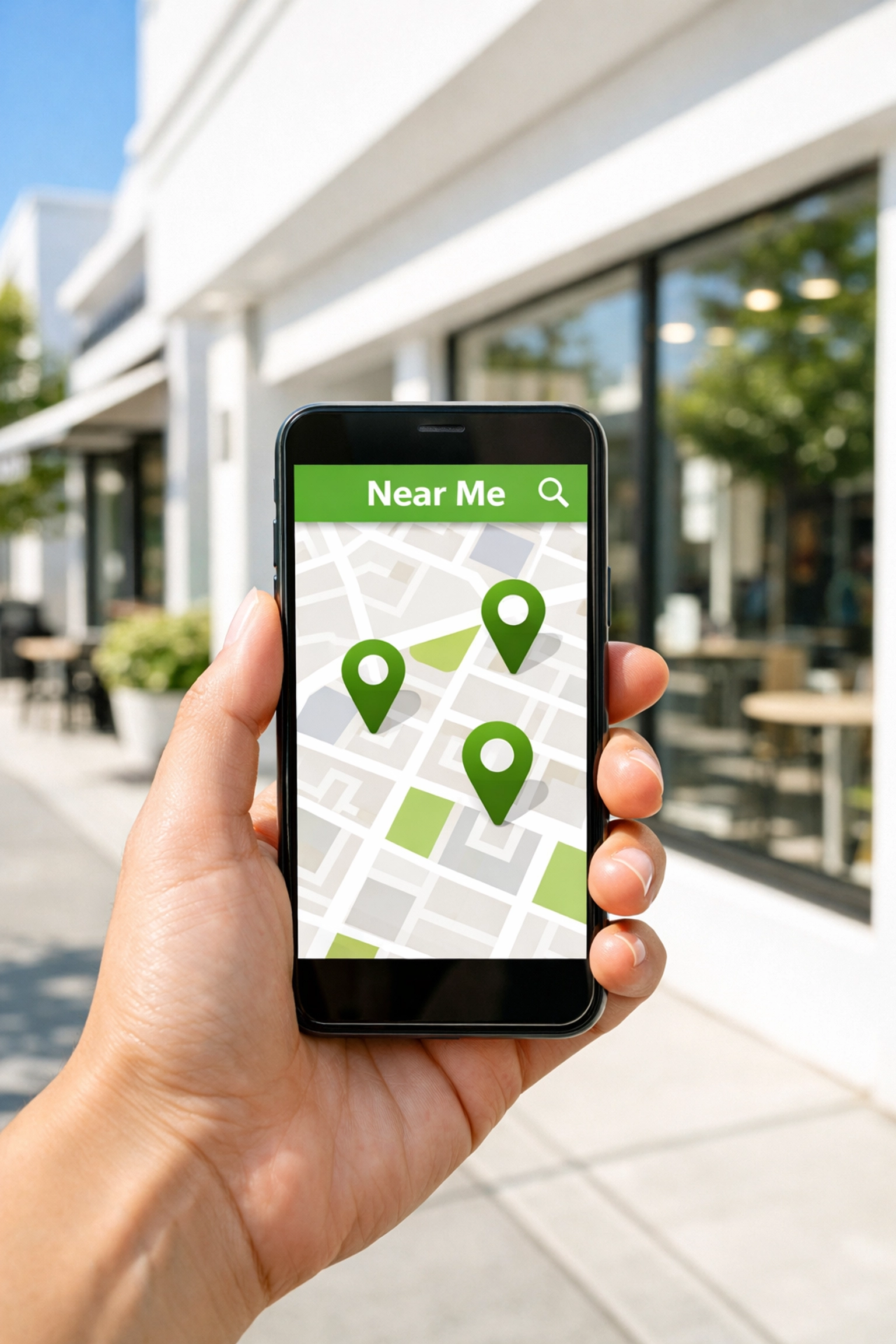 Smartphone showing map markers for a local search in a bright small business neighbourhood.