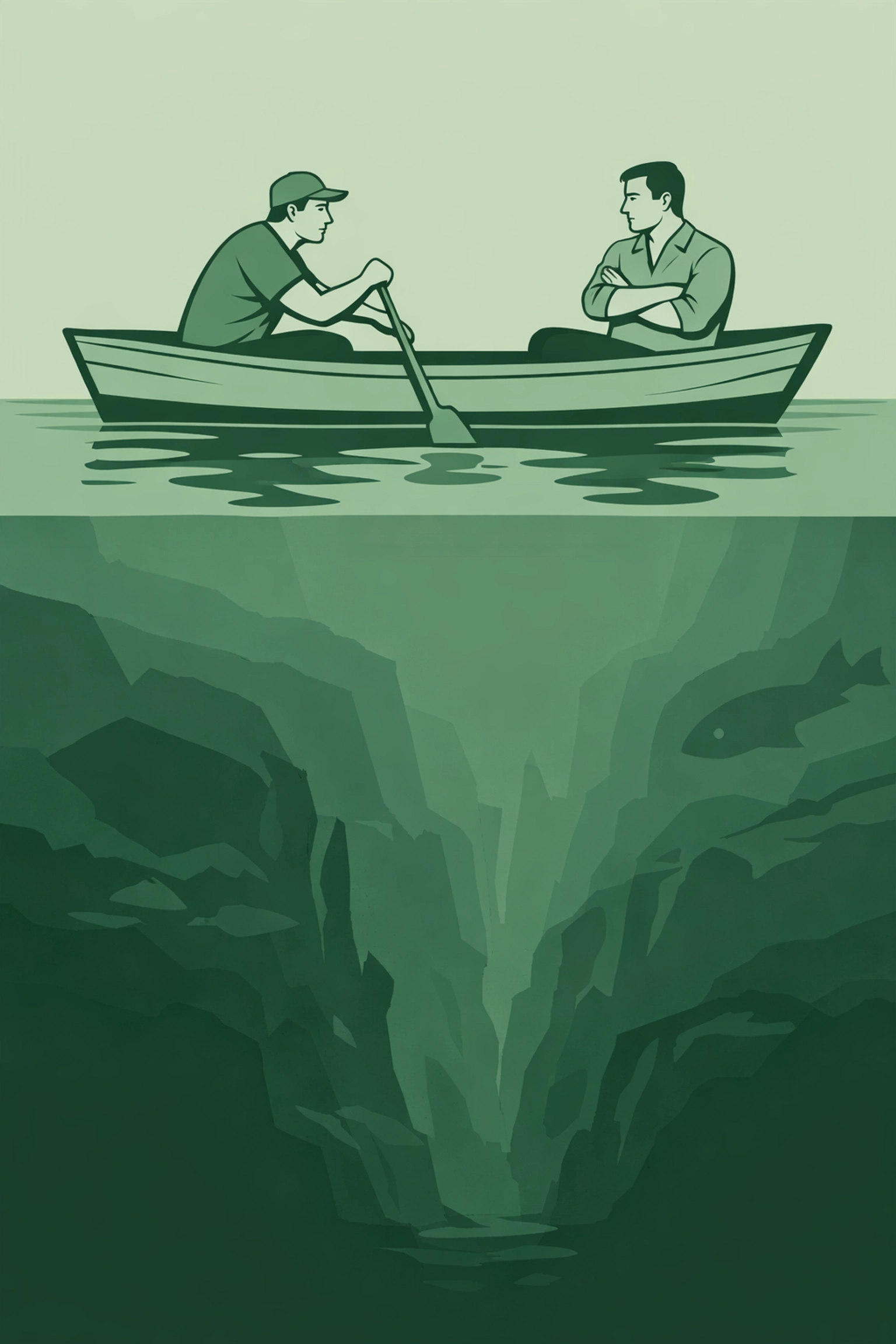 Two men in boat illustrating control and agency in MM relationship thriller