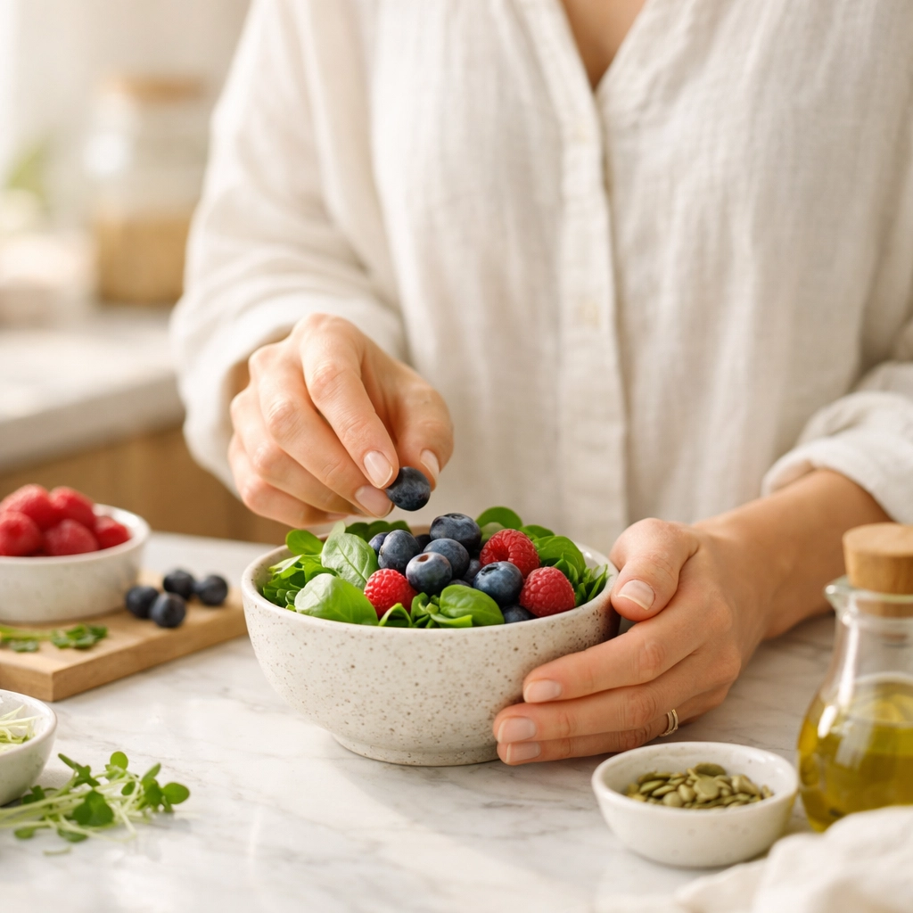 Healthy meal preparation in a modern kitchen, illustrating appetite control and metabolic balance with GLP-1 weight loss.