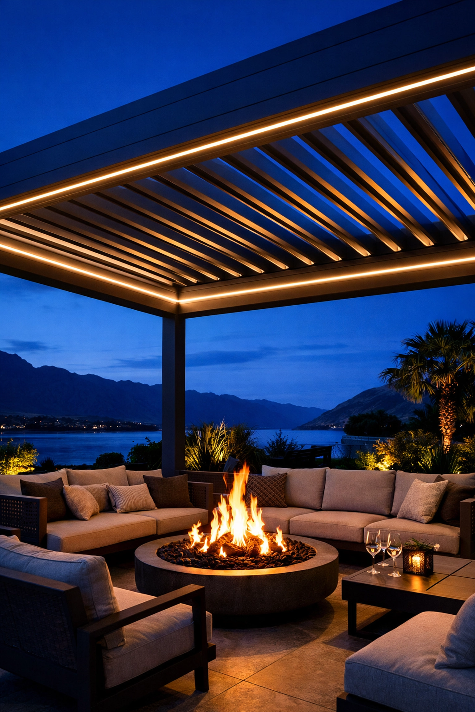 Luxury motorised louvre roof with integrated LED lighting over an outdoor fire pit at twilight.