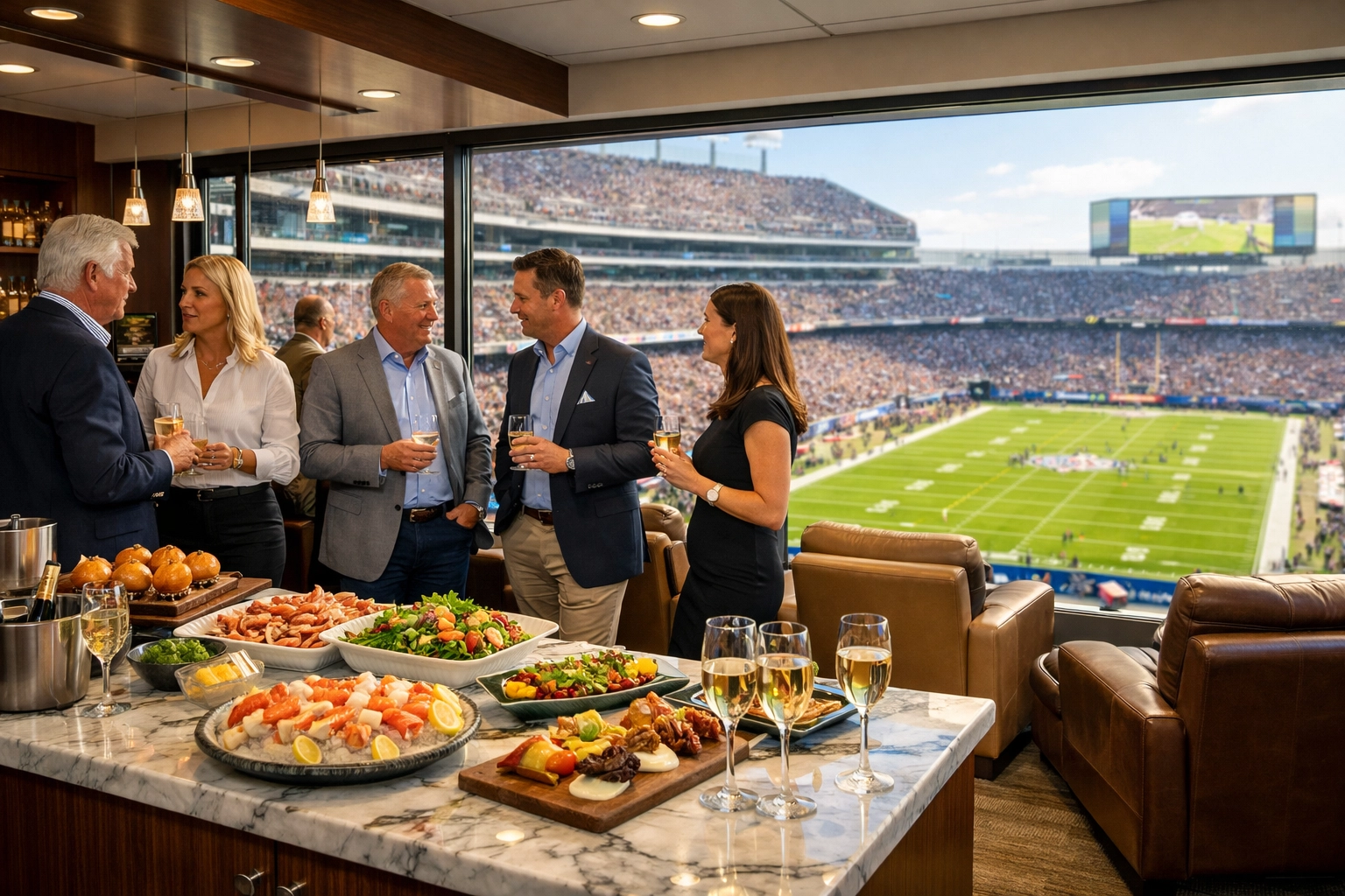 Executives networking in a luxury Super Bowl hospitality suite for corporate branding.