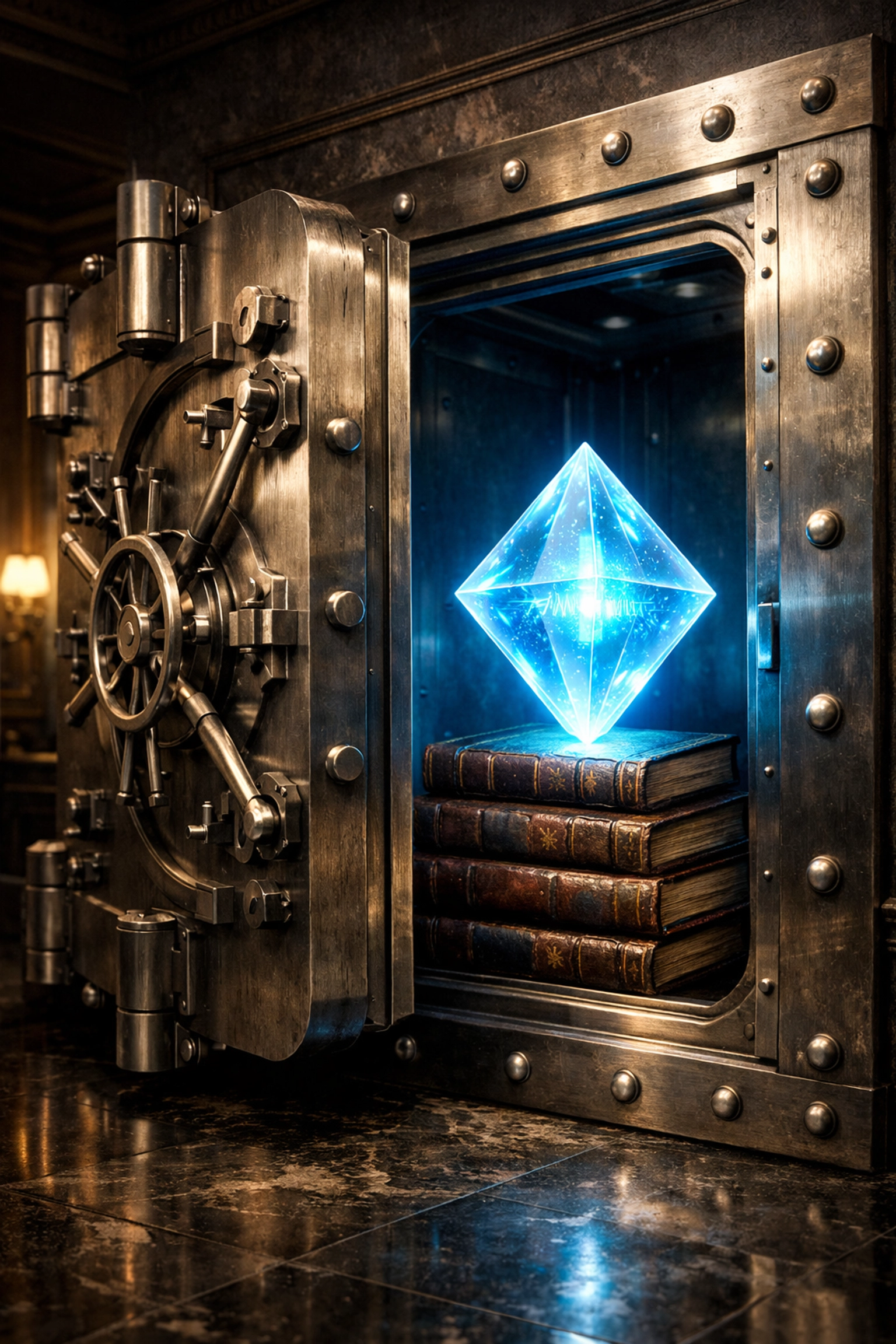 Secure vault with a glowing digital asset on ledgers, showcasing institutional-grade Bitcoin and crypto integration.