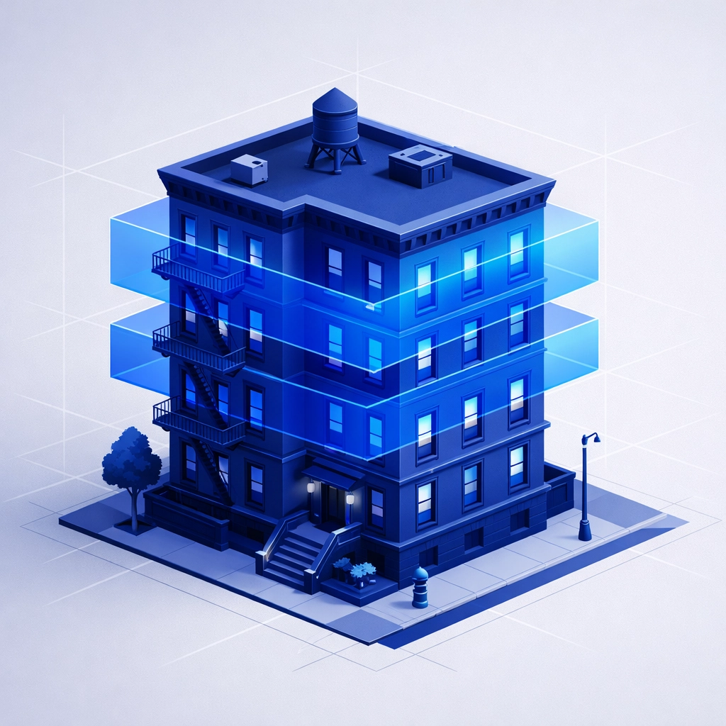 Brooklyn multi-family building illustration highlighting J-51 tax incentive and renovation layers.