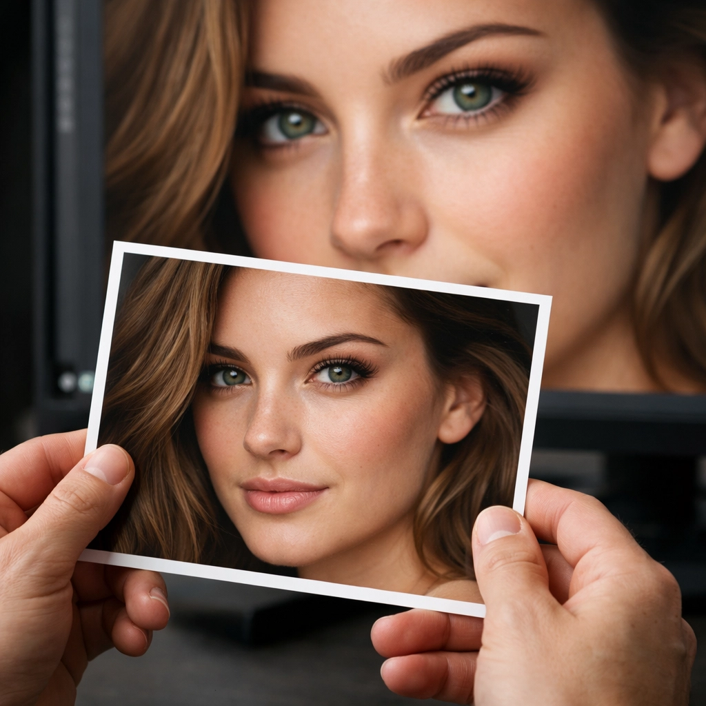 Comparing a photo print to a digital image to show quality after professional file compression.