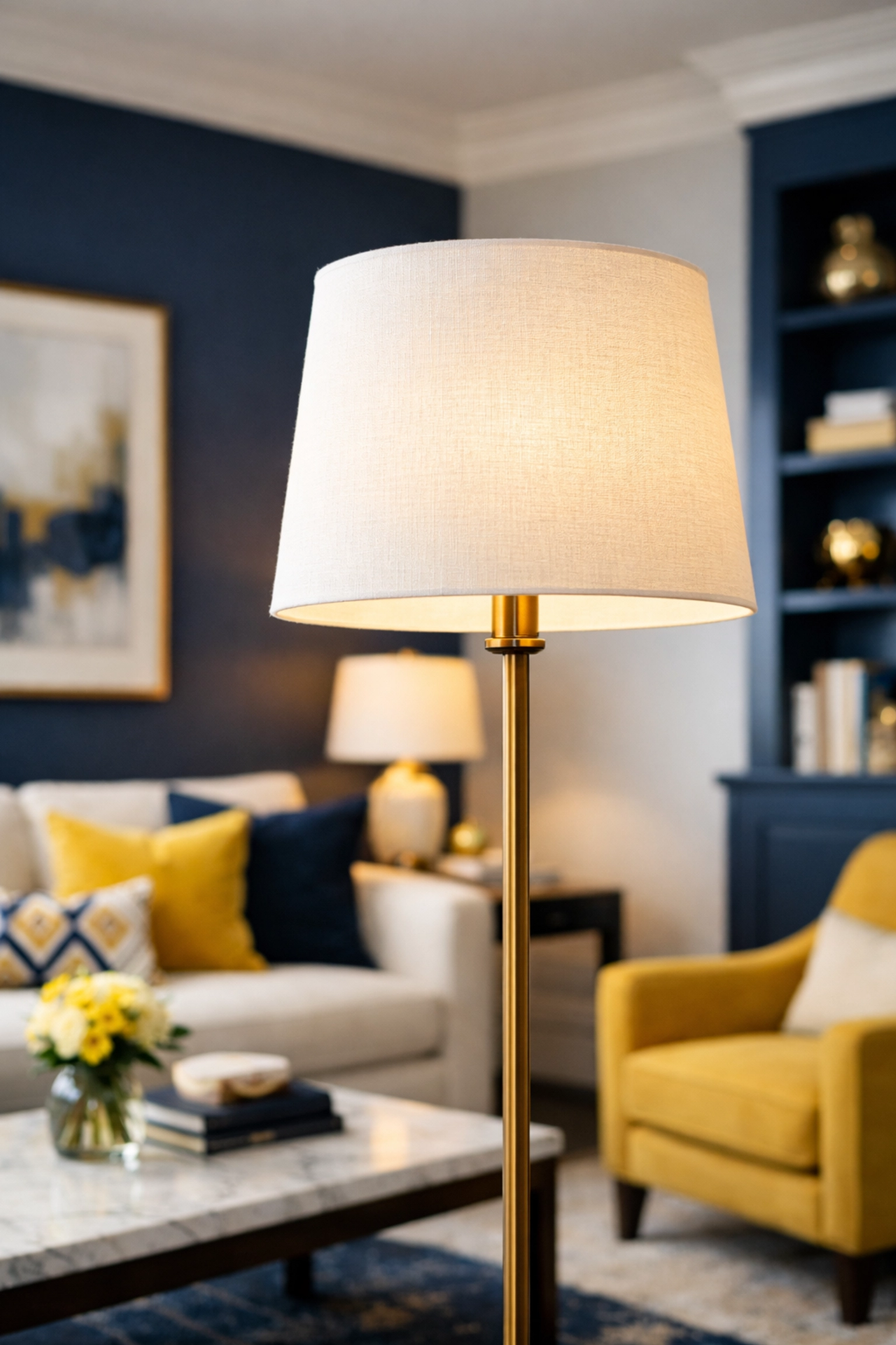 Modern living room featuring a clean white linen lamp shade as a centerpiece in a tidy home.