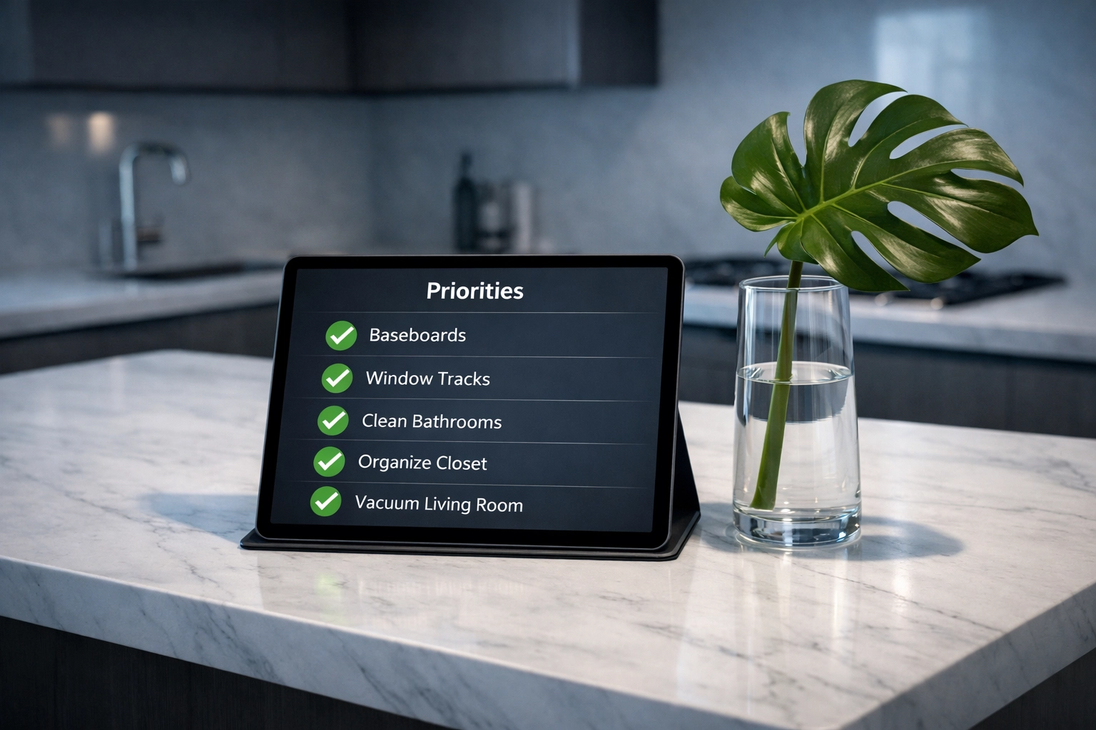 Digital kitchen cleaning checklist showing completed tasks for a priority-focused home service.