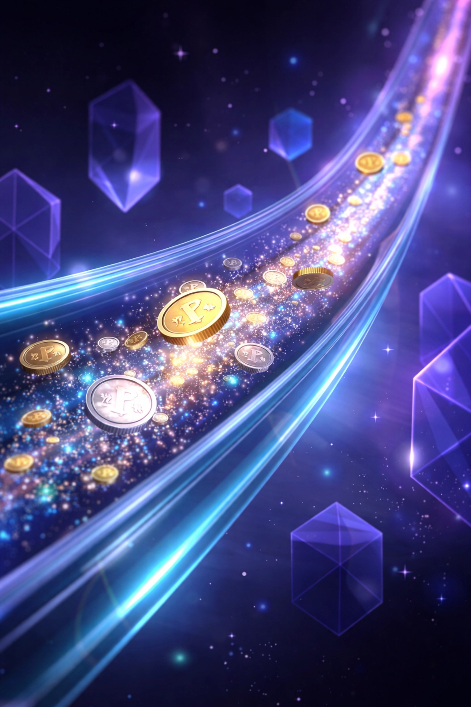 Digital coins flowing through payment pipeline representing low LUSD transaction fees for Web3 merchants