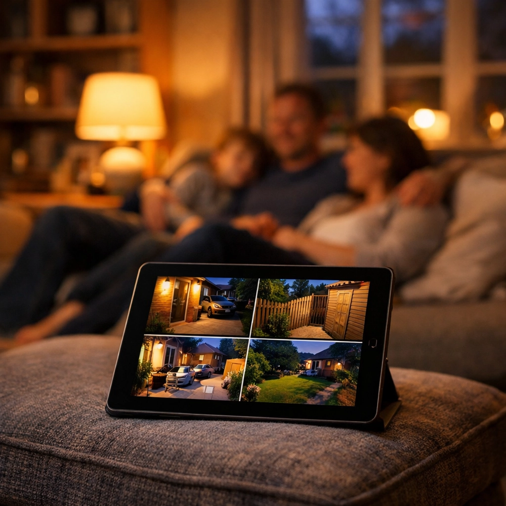 Tablet displaying high-definition CCTV camera feeds for peace of mind in a Dorset living room.
