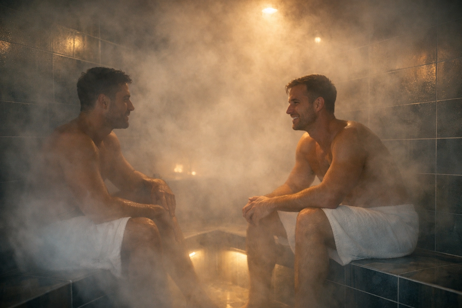 Gay men bonding through conversation in Sydney gym steam room