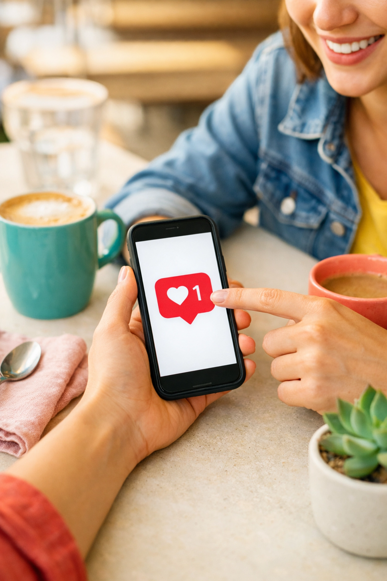 Hands at a cafe table engaging with social media notifications to foster community growth and digital networking.