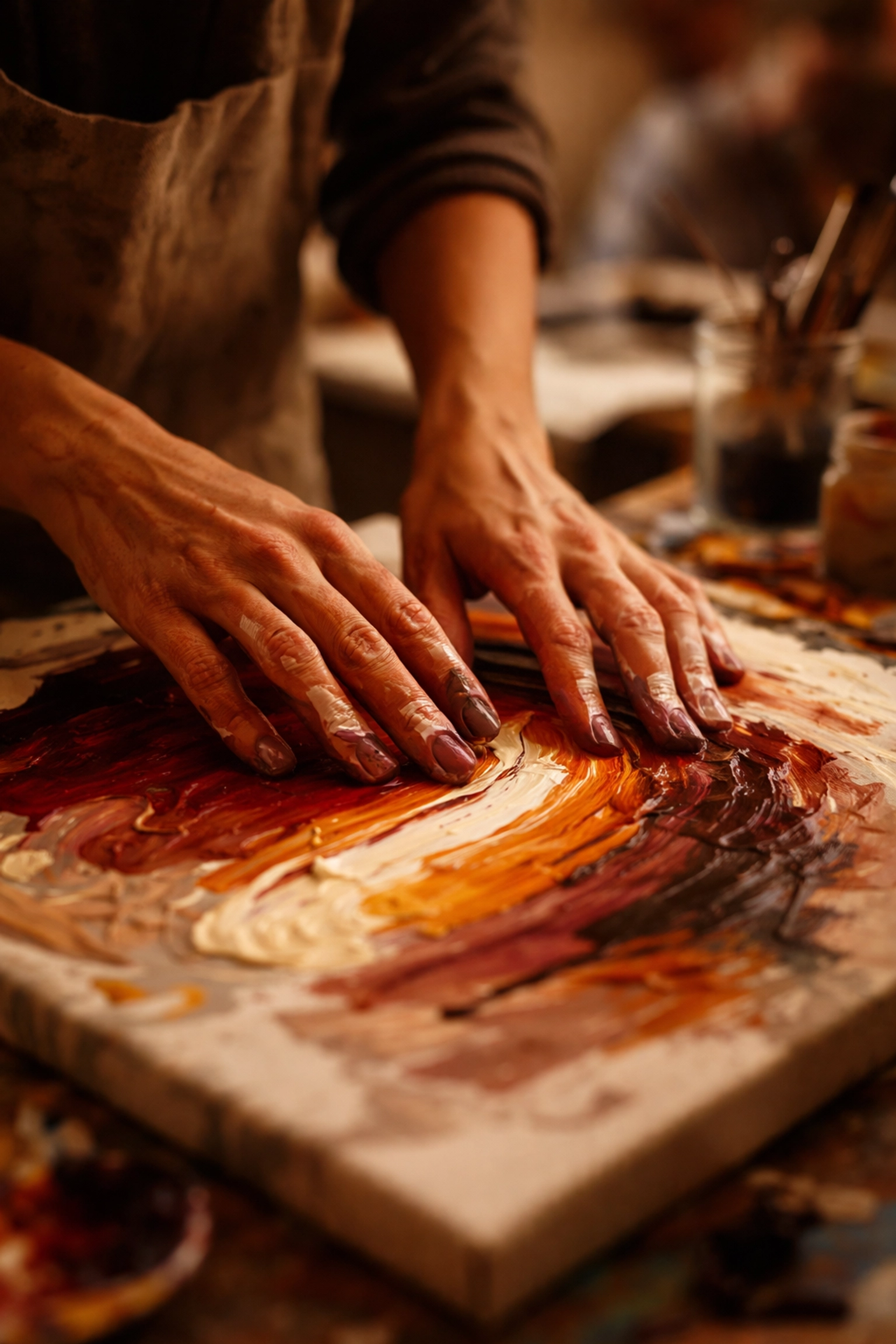 Close-up of hands blending earthy paint colors on canvas, emphasizing tactile, stress-relieving benefits of creative workshops.