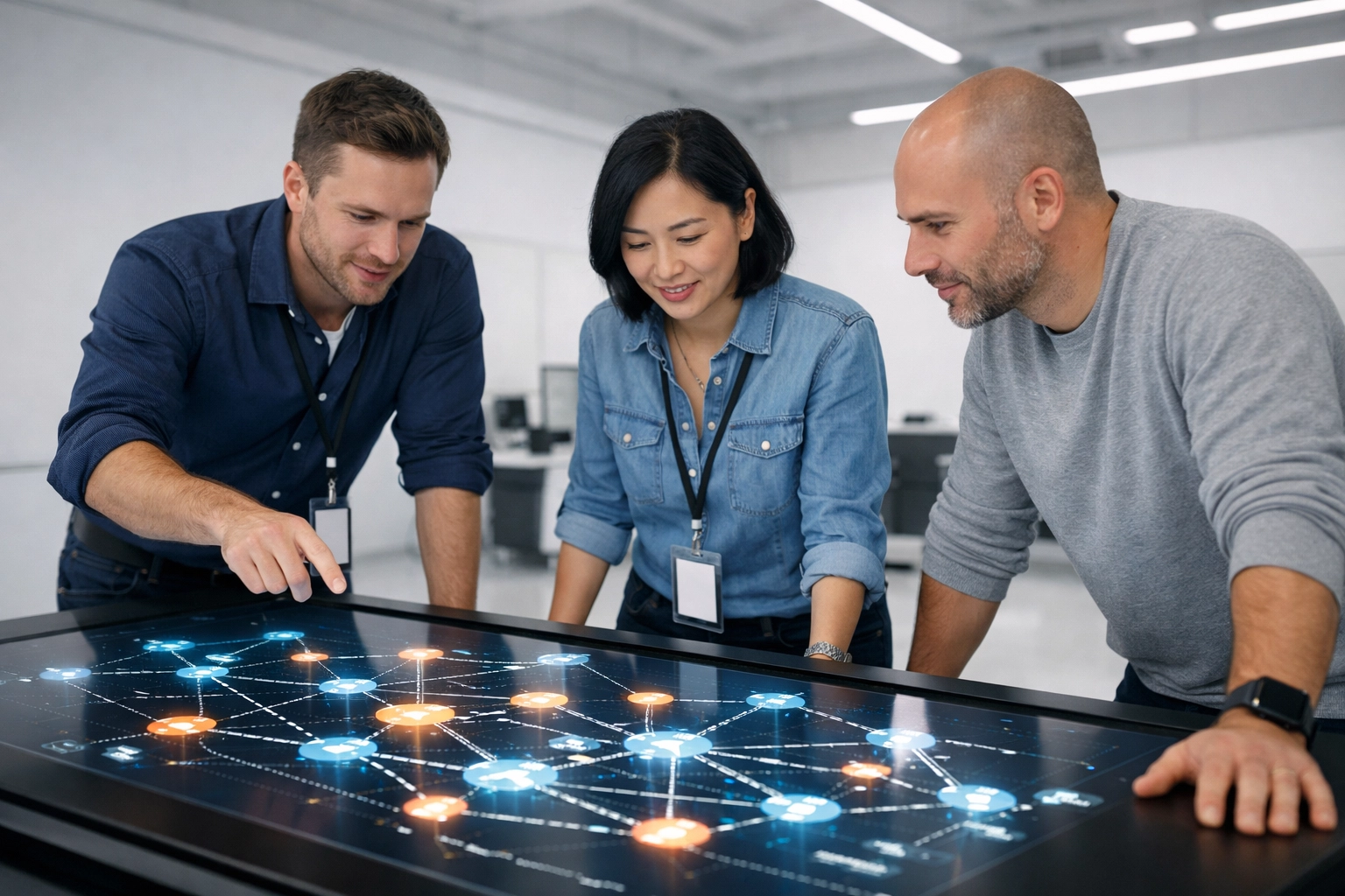 A technical team collaborating on an ITOM service map to enhance platform visibility and data accuracy.