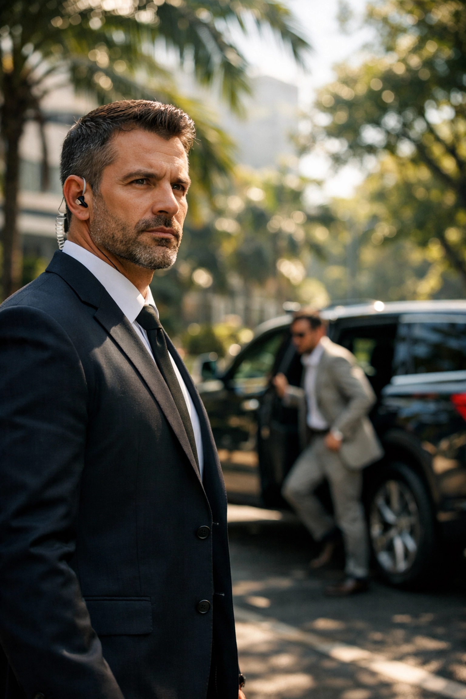 Professional private security Medellin agent providing executive protection for a VIP client in El Poblado.