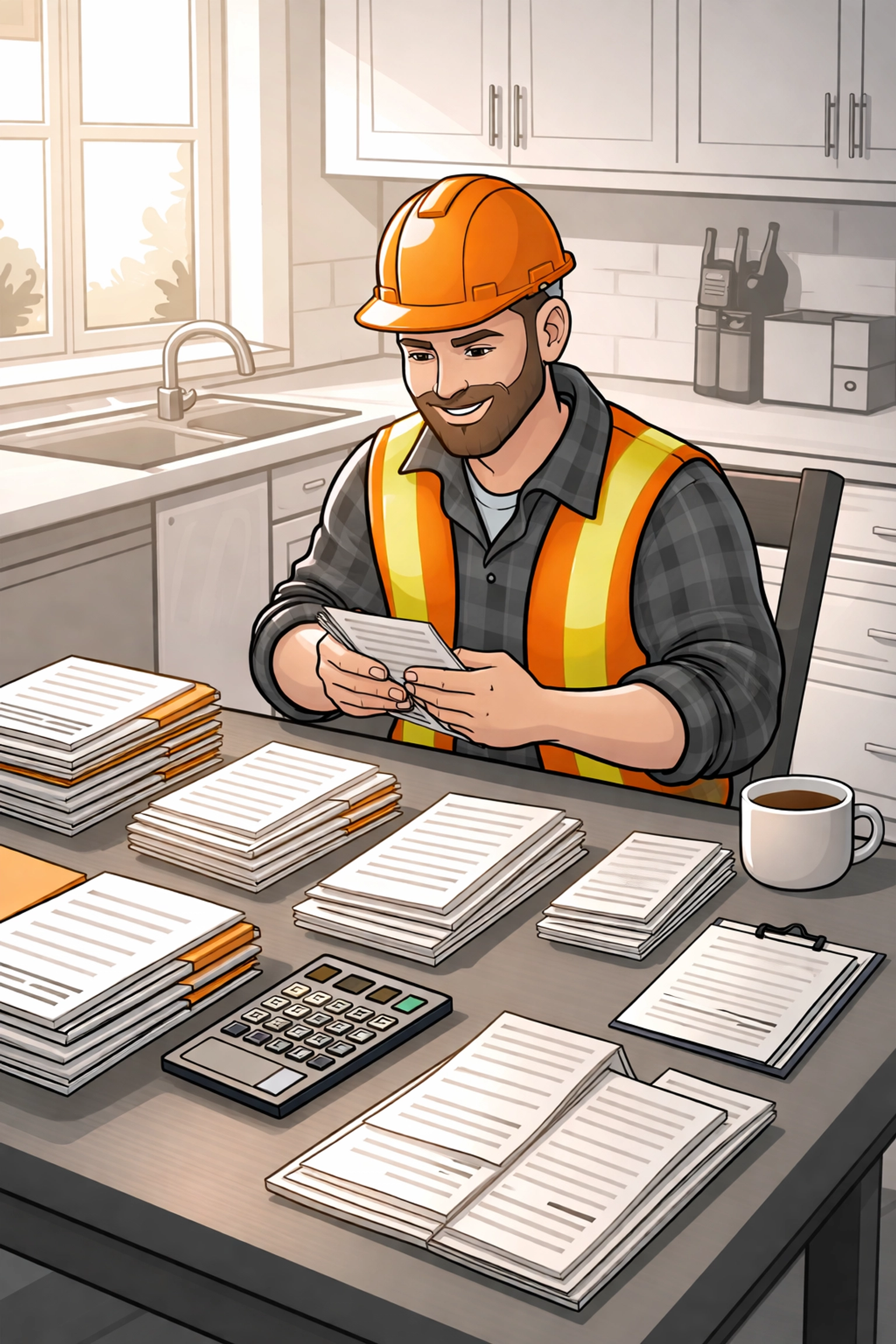 Construction worker organizing CIS refund documents at kitchen table for self-assessment support