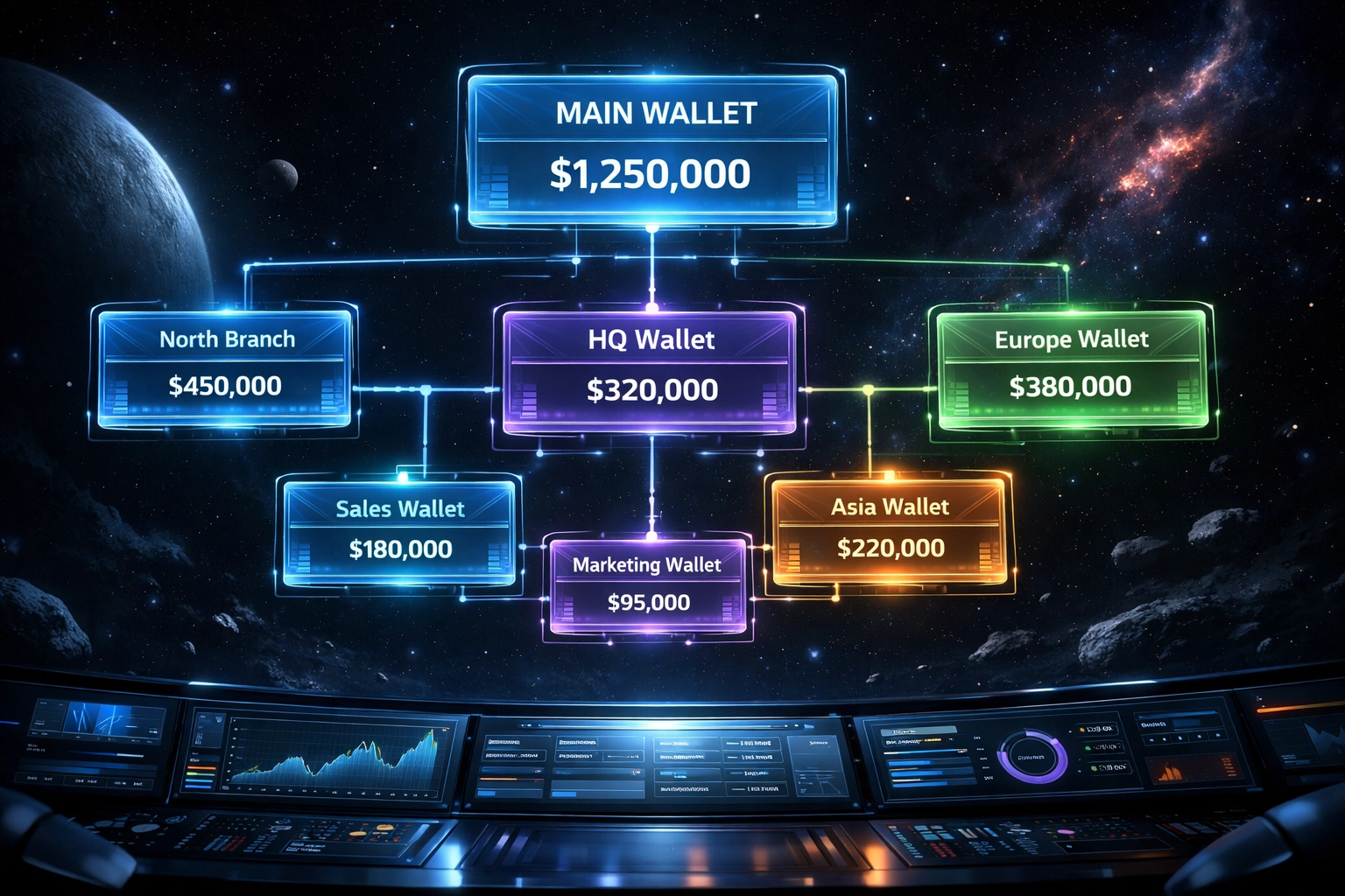Multi-wallet dashboard showing master and sub-wallet organization for crypto merchant accounts