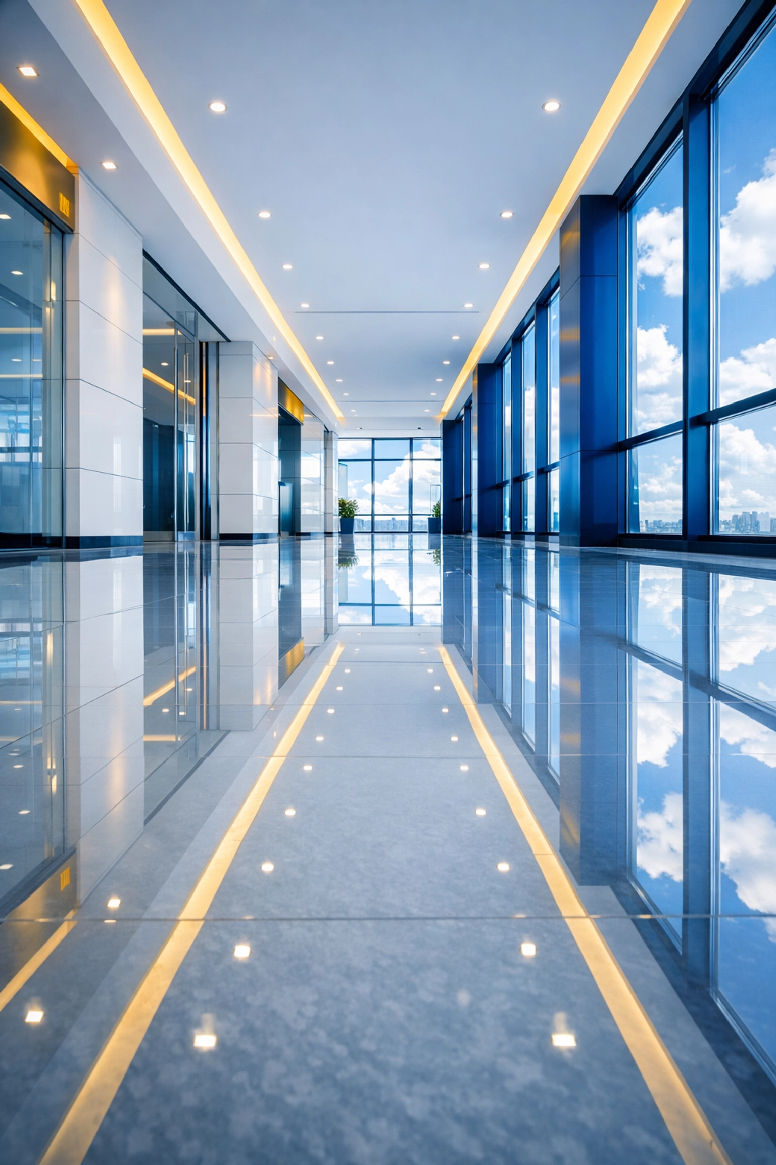 Mirror-finish polished floors in a commercial corridor, demonstrating expert janitorial services in Barre, MA.