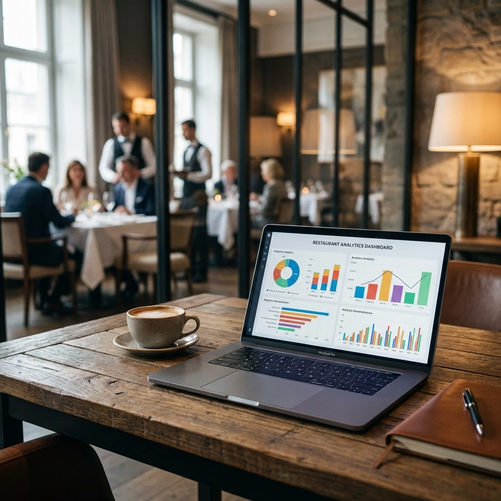 Laptop displaying analytics charts in a restaurant office, highlighting data-driven restaurant decision making with AI tools.