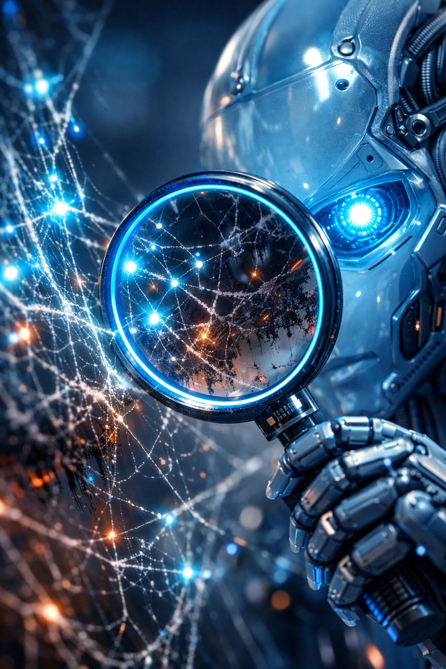 AI inspecting a digital data web to identify outdated content and improve small business web design performance.