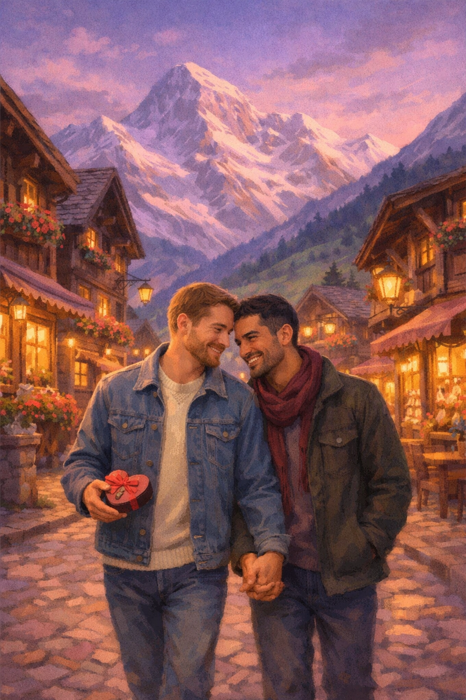 Gay couple walking hand-in-hand through Swiss Alpine village at sunset with mountains