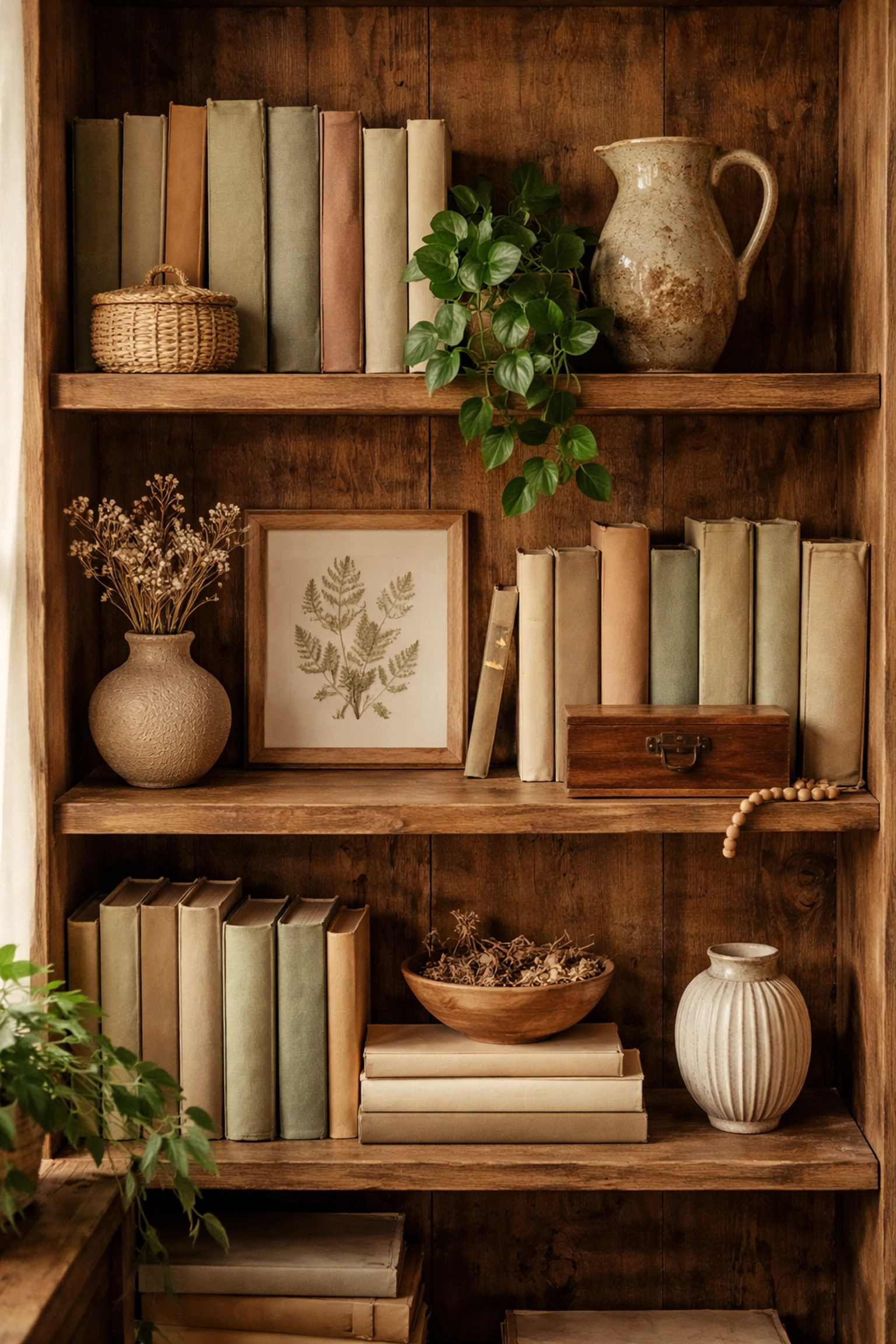 Rustic wooden bookshelf styled with books and handcrafted decorative objects for a layered aesthetic