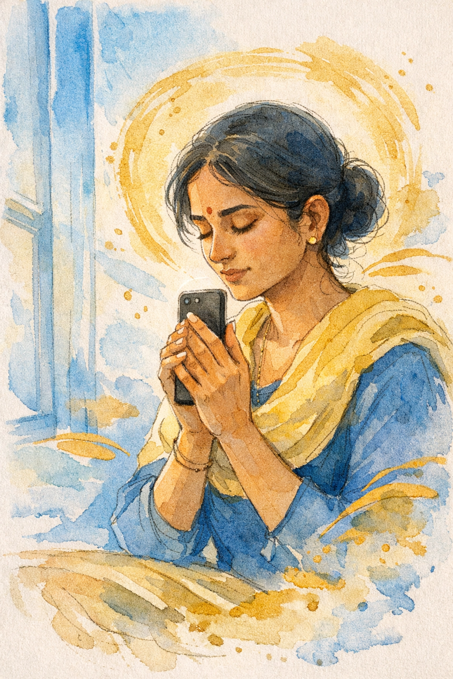 Person praying with smartphone as digital sanctuary for worship and faith