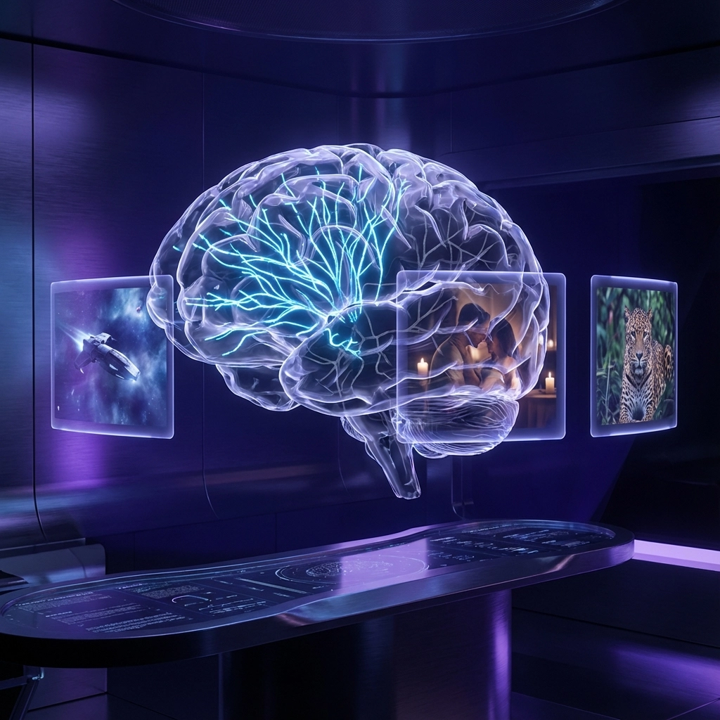 Holographic brain with glowing blue pathways in futuristic room, surrounded by images of a spaceship, couple, and leopard. Purple lighting.