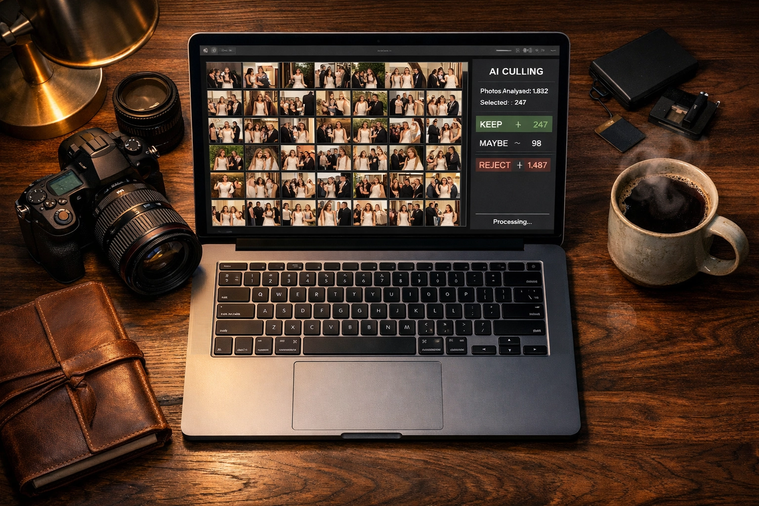 A photographer's desk featuring AI photography news software that automatically culls and organizes photos.