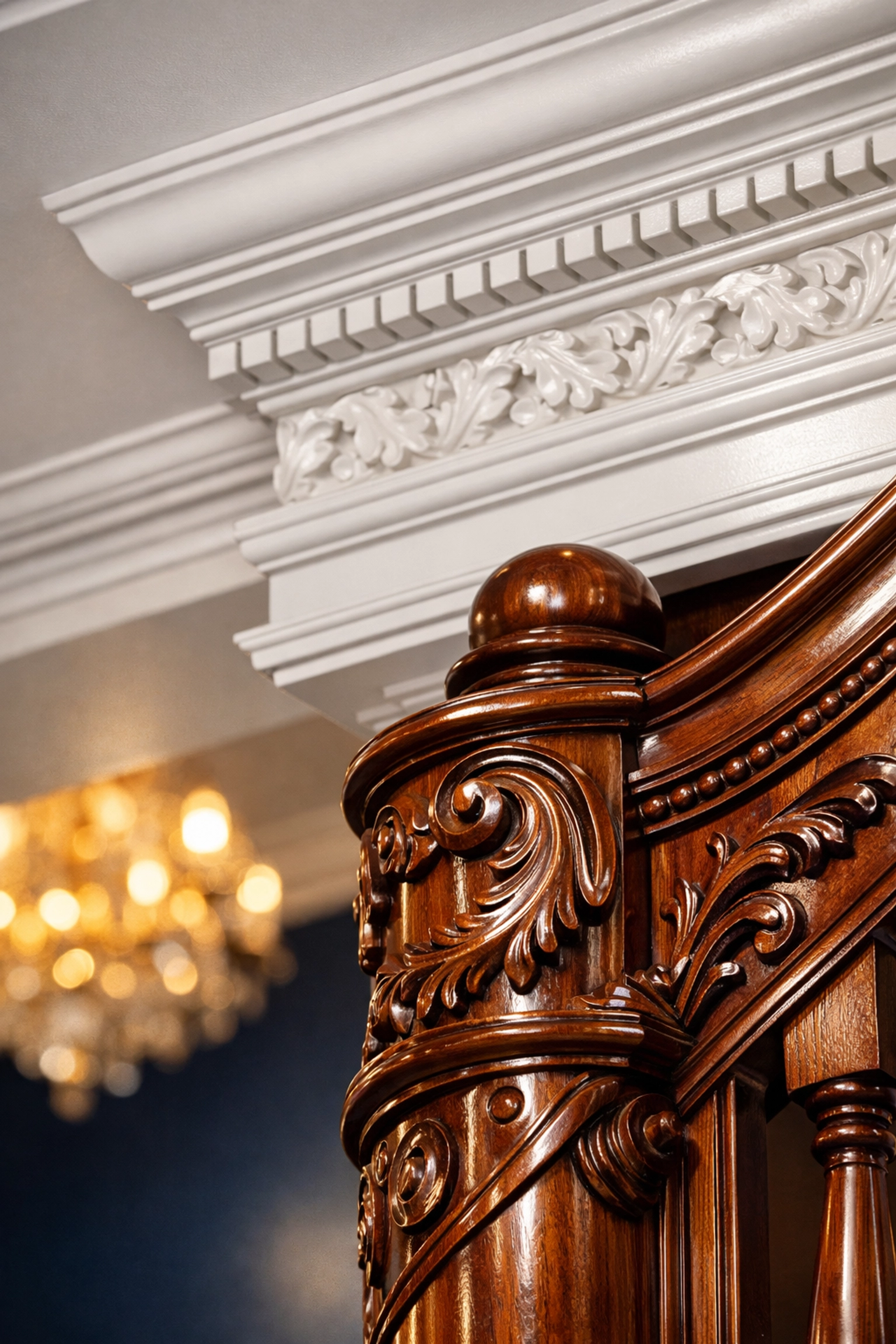Professional Lexington luxury cleaning showing dust-free crown molding and detailed woodwork in a foyer.