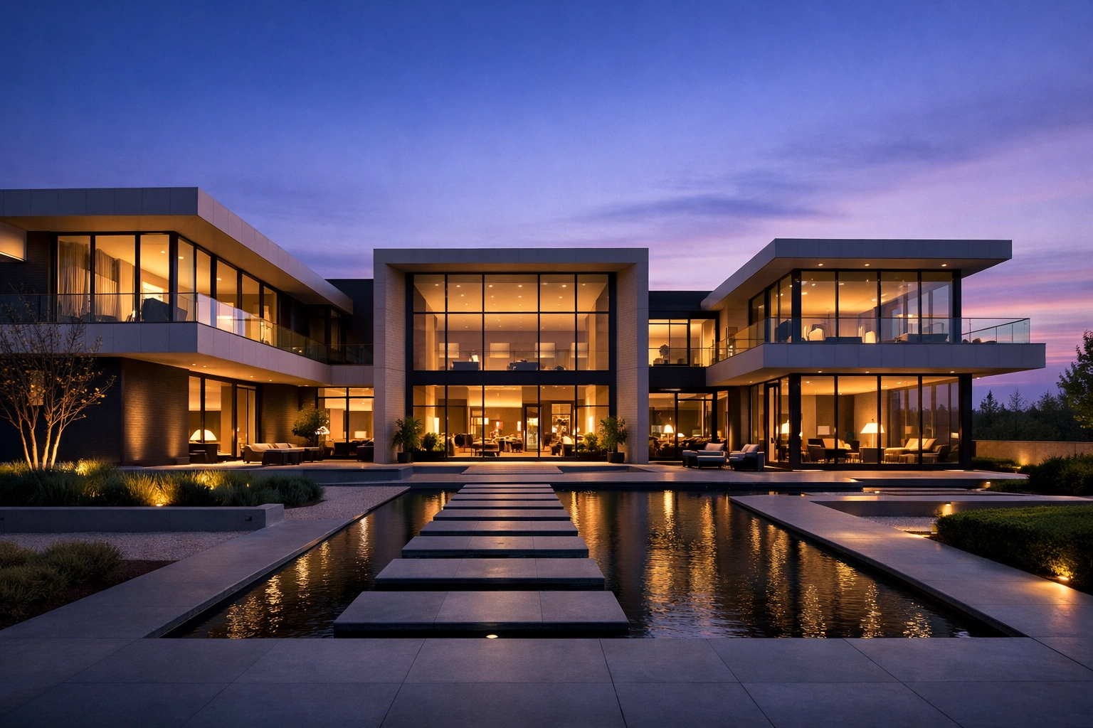 Sleek boutique hotel exterior at dusk representing the future of hospitality management success.