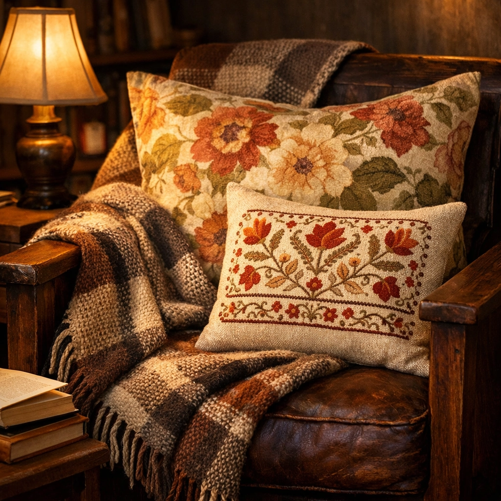 Artisanal textiles and handcrafted pillows layered on a wooden chair in a cozy reading nook.