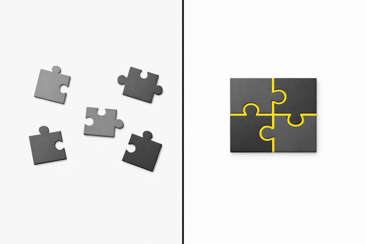 Scattered puzzle pieces transforming into unified solution representing all-in-one marketing for small business