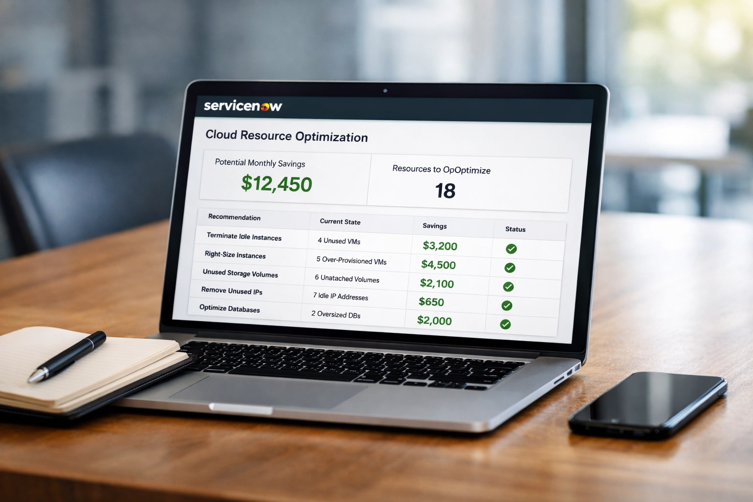 ServiceNow interface displaying cloud resource optimization recommendations and cost savings calculations