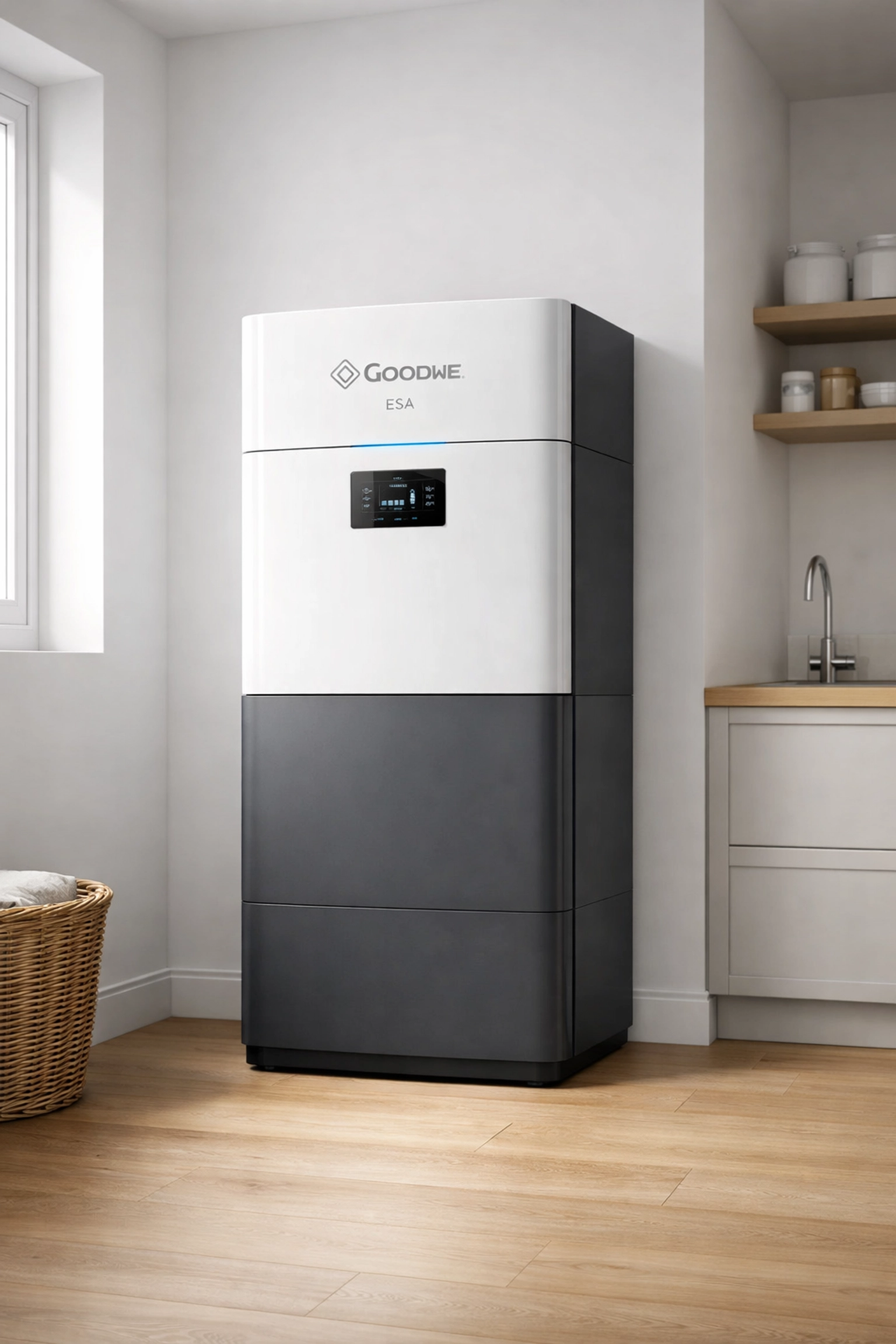 Modern GoodWe ESA all-in-one solar battery system installed in a sleek UK home utility room.