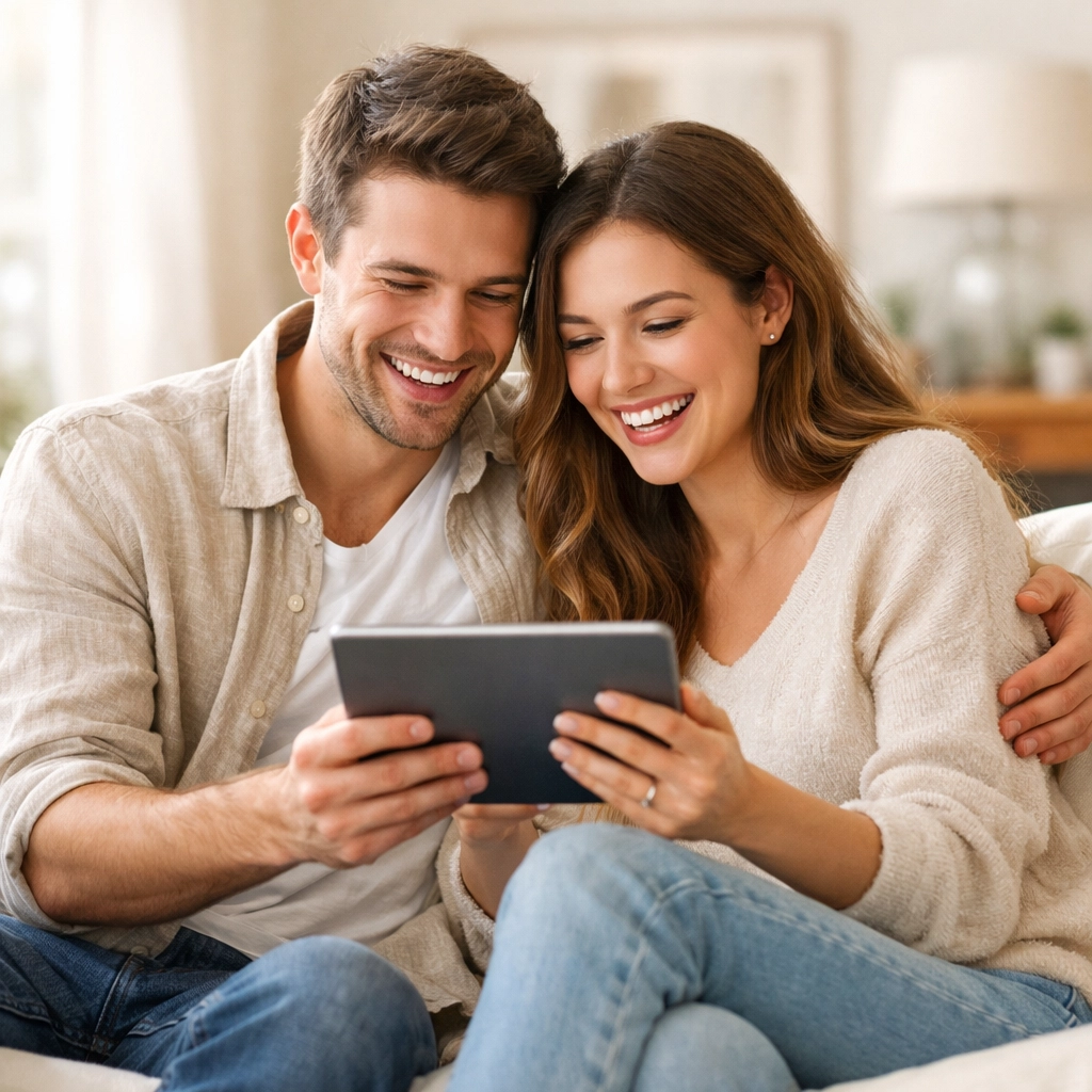 Coupled feeling relieved while managing their wedding funding and RSVPs on a tablet.