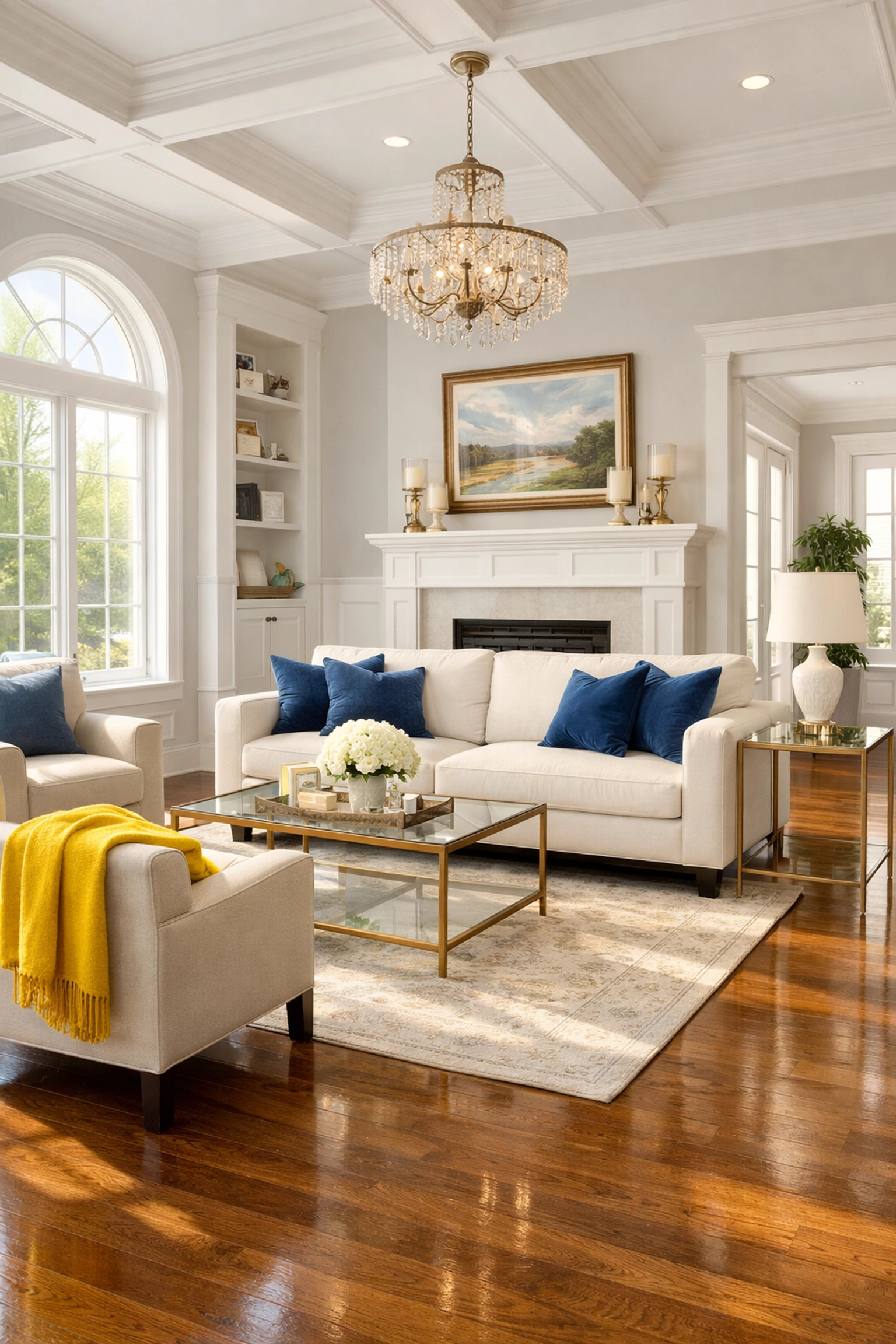 A spotless, sun-drenched Concord living room with polished hardwood floors by expert Cleaners Concord MA.
