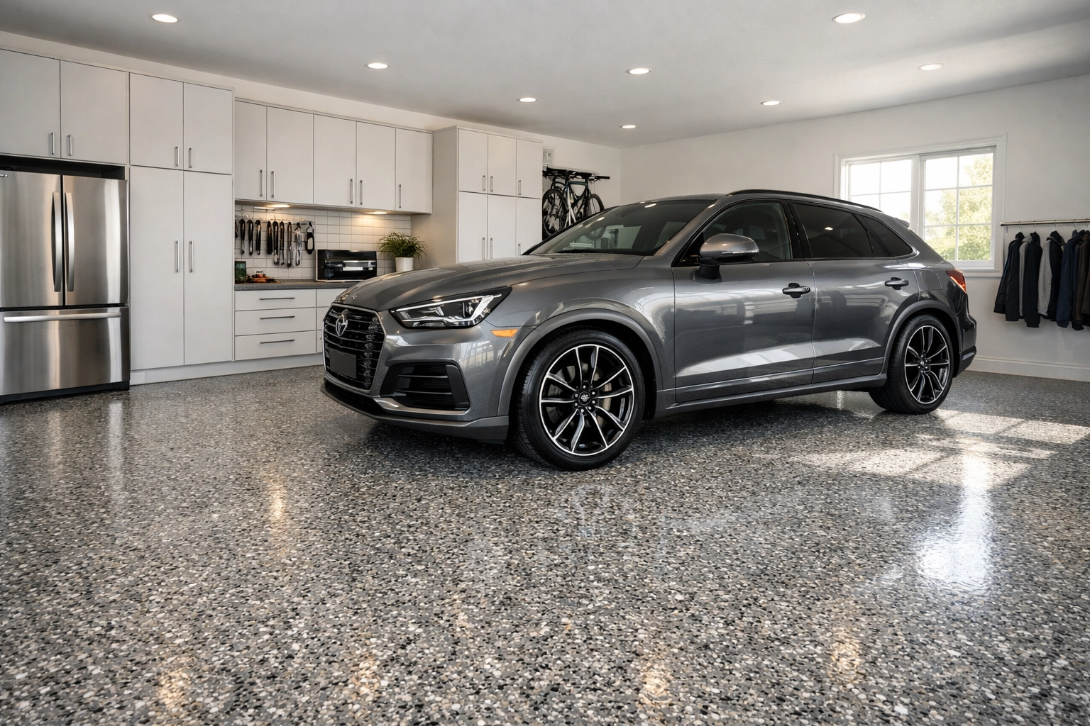Showroom-style garage with a custom flake polyaspartic floor perfectly matching a luxury vehicle.