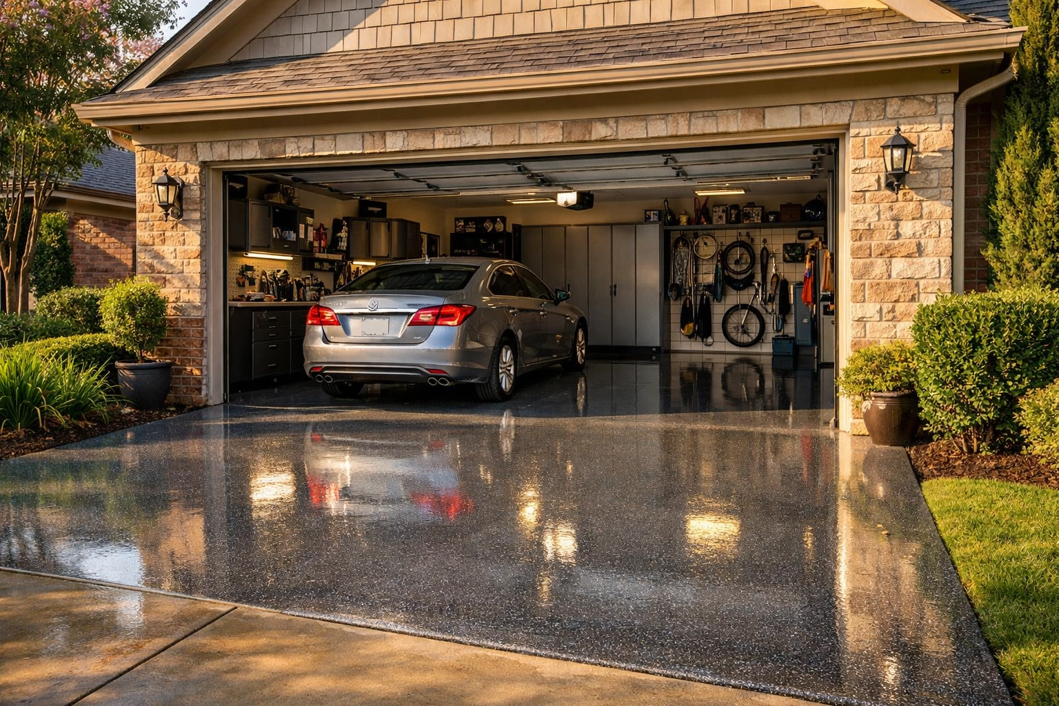 Brandon Mississippi home with metallic polyaspartic garage floor installation reflecting sunlight