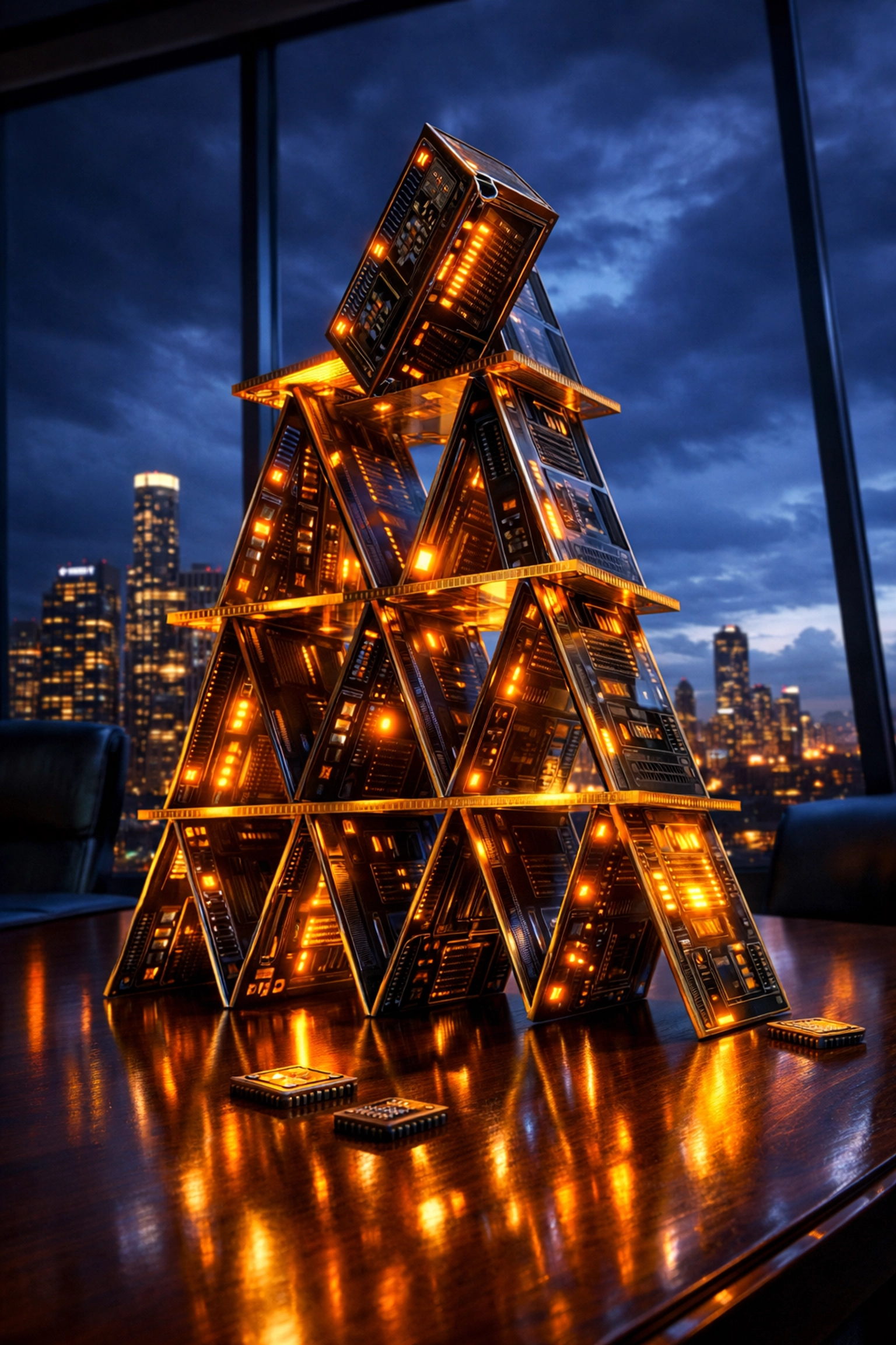 A house of cards made of server racks over the Los Angeles skyline, representing the AI bubble for a Startup in LA.