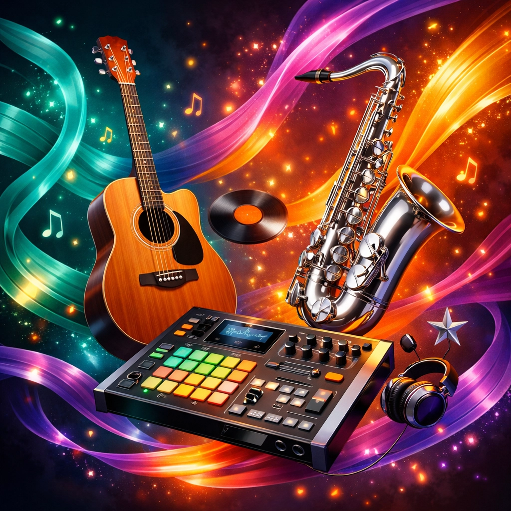 Floating guitar and drum machine illustrating diverse music genres for unique personalized music gifts.