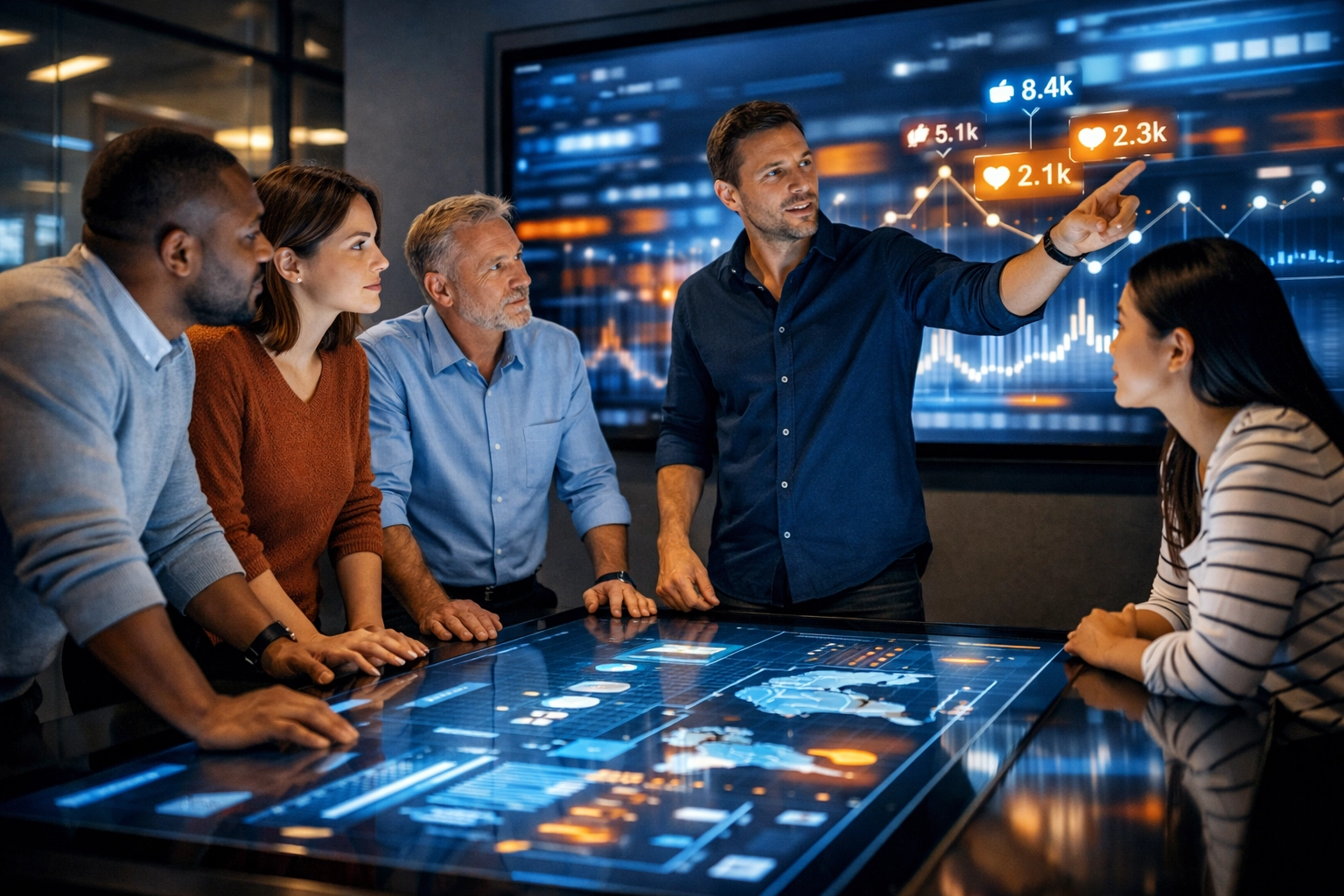 Marketing experts collaborating in a high-tech strategy room for real-time Super Bowl brand management.