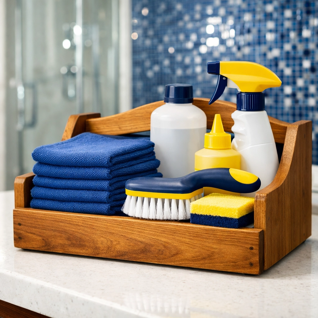Premium cleaning supplies and microfiber cloths ready for recurring bi-weekly house cleaning.